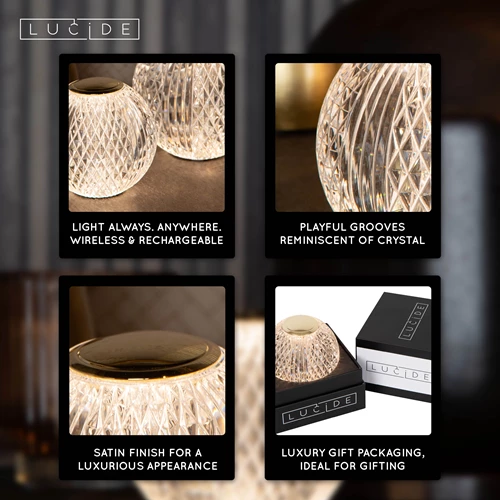 Lucide CINTRA - Rechargeable Table lamp - Battery pack - Ø 11 cm- LED 3 StepDim - 1x2W 2700K - Transparant - USP